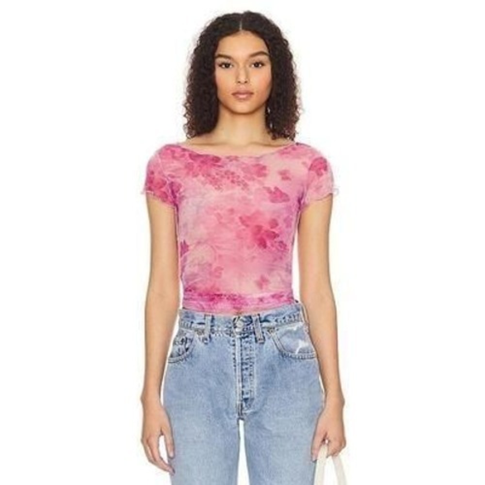 Free People Intimately On the Dot Baby Tee XS MSRP $38 Pink Floral swiss dots